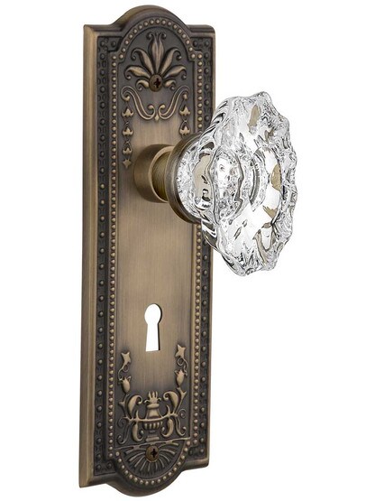 Meadows Design Mortise-Lock Set with Chateau Crystal Glass Knobs in Antique Brass.